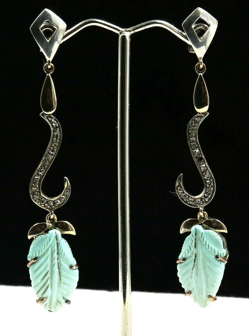 Primary image for Turquoise Carved Leaves Diamond 18K Gold 925 Silver Victorian Gemstone Earring