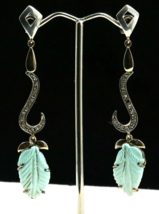 Turquoise Carved Leaves Diamond 18K Gold 925 Silver Victorian Gemstone E... - $237.50