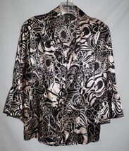 Serenade New York Petite LARGE Black Blouse Gold Silky Floral Poet Bell ... - $10.40