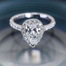 Classic Engagement Ring 2.35Ct Pear Cut Halo Diamond Solid 14k White Gold Size 6 - £217.13 GBP