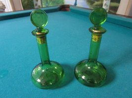 Midcentury Japan Green Glass Cruets With Stoppers Rare - £30.02 GBP