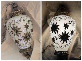 Cornell Hollywood Regency Gold Decorated Milk Glass Hanging Swag Lamp - $5,590.65 MXN