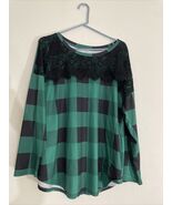 Plus Size Green Flannel Lace Top XL Long Sleeve Top Shirt Blouse - $327.90 MXN