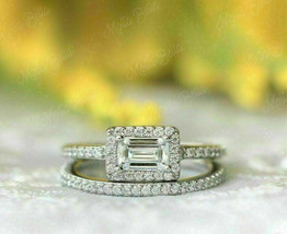 14K White Gold Finish 1.28Ct Emerald Cut Diamond Halo Bridal Set Engagement Ring - £87.72 GBP