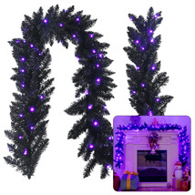 9&#39; Pre-lit Christmas Halloween Garland Black w/ 50 Purple LED Lights - £43.25 GBP
