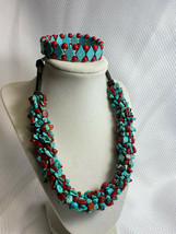 Fantastic! Chunky Turquoise Coral Wrapped Cluster Necklace &amp; Stretch Bracelet - £71.88 GBP