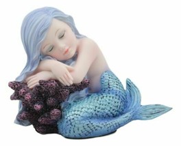 Under The Sea Blue Child Mermaid Sleeping On Coral Bed Statue Mergirl Figurine - £20.90 GBP