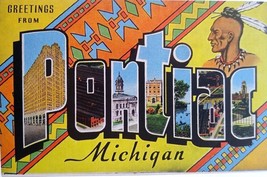 Greetings From Pontiac Michigan Large Big Letter Postcard Linen Unused Vintage - £3.94 GBP