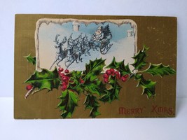 Santa Claus Christmas Postcard Blue Reindeer Holly HI Robbins 1908 Unused 1062 - £10.70 GBP