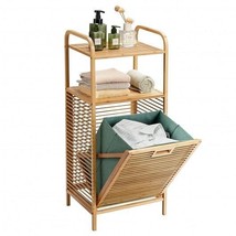Tilt-out Bamboo Laundry Hamper  with 2-Tier Shelf and Removable Liner-Natural -  - $204.77 CAD