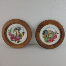 Floral Embroideries Framed Set Round Wood Lot 2 Country Cottage Core GVC  - £25.27 GBP