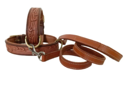 STG Genuine Tooled handmade Floral Pattern Leather Dog Collar With Leash - £36.53 GBP