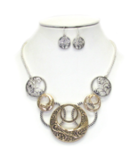 Textured Hoop Link Necklace and Earrings Set Silver and Gold - £13.40 GBP
