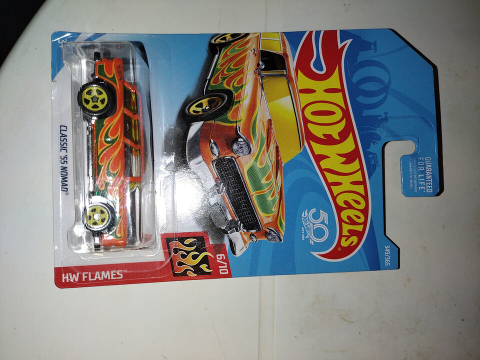 Primary image for 2018 Hot Wheels #349 HW Flames 6/10 CLASSIC '55 NOMAD Orange w/Yellow 5 Spokes