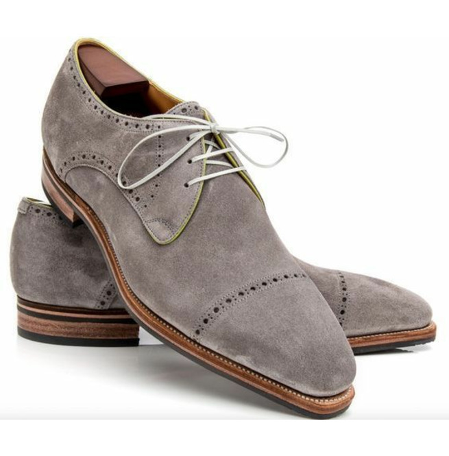 Hand Stitched Gray Derby Suede Leather, Contrast Sole Lace Up Customize Shoes,