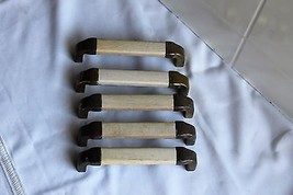 Set 5 Mid Century Wooden &amp; Brass Drawer Pull Handles Wood 4-1/8&quot; Canac Reclaimed - £17.45 GBP