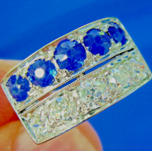 Earth mined Diamond Sapphire Deco Engagement Ring Antique Platinum Filigree Band - $9,476.25