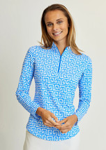 NWT G LIFESTYLE SANTORINI GEO BRIGHT PERI Long Sleeve Mock Golf Shirt S ... - £51.34 GBP