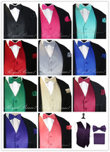 SOLID Formal Casual Tuxedo Suit Dress Vest Waistcoat &amp; BOW TIE Handkerchief Set - £17.00 GBP+