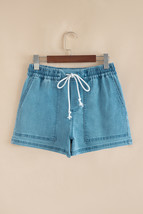 Beau Blue Contrast Drawstring Elastic Waistband Denim Shorts - $305.09 MXN
