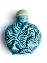 Old Chinese Turquoise Blue Hand Carved Fish Bottle Spoon Celadon Lid - $70.51