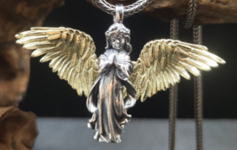 Solid 925 Sterling Silver Two Tone Little Angel With Wings DIY 45mmx32mm Pendant - £123.77 GBP