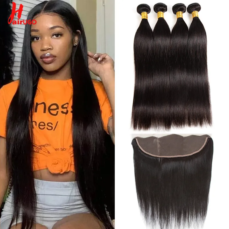 HairUGo Straight Human Hair Bundles With Frontal Non-Remy 13*4 Lace Front With - £76.00 GBP+