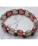 Pink and White Heart Stone Silver Tone Stretch Bracelet  - £9.31 GBP