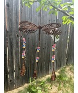 Dragonfly Stained Glass Wind Chime Metal w/ Bead &amp; Bell Accents Copperis... - €16,05 EUR