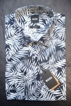 HUGO BOSS Herren Hank Kent Slim Fit Blatt Bedruckt Stretch Baumwollkleid Hemd 42 - £50.32 GBP