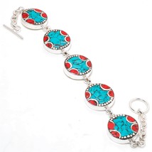 Turquoise Red Coral Handmade Ethnic Tribal Jewelry Bracelet Tibetan 8&quot; SA 2240 - £7.98 GBP