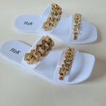H2K SOFIA White Comfort Soft Slides Sandals Open Toe Flip Flops Bling Double  - £23.89 GBP