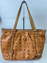 MCM Cognac Brown Visetos Tote Bag Purse Shoulder Double Strap Authentic ... - $158.75