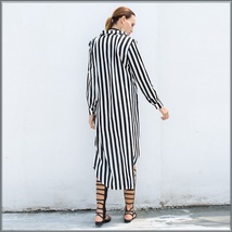 Black and White Striped Long Sleeve Button Up Maxi Beach Shirt With Belt image 3