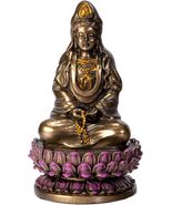 Kuan Yin Purple Lotus Mala Beads Mini Figurine 3.4" H Cold Cast Bronze R... - $18.81