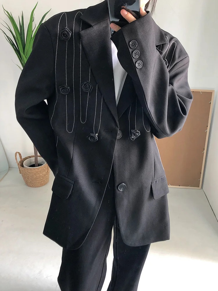 Women Black Flower Big Size Casual Blazer  Lapel Long Sleeve Loose Fit Jacket  T - £197.16 GBP