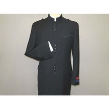 Mens APOLLO KING Banded Collarless suit Chinese Mandarin Wide leg AG92 navy blue image 2