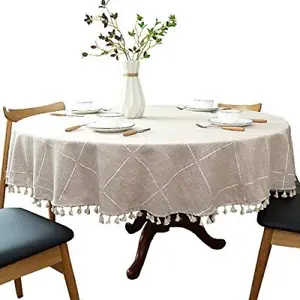 New Cotton Linen Round Tablecloth Tassel Stitching Table Cloth Wrinkle Free Farm - £51.71 GBP