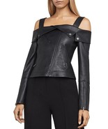 Elegante chaqueta de cuero fuera del hombro para mujer piel de cordero p... - $1,984.32 MXN+