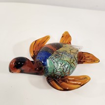 Art Glass Sea Turtle Figurine Brown Body Multicolor Shell Unmarked 7&quot; - £27.05 GBP