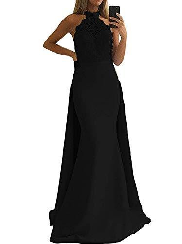 Beaded Lace Mermaid Long Evening Prom Dresses with Detachable Train Black US 10