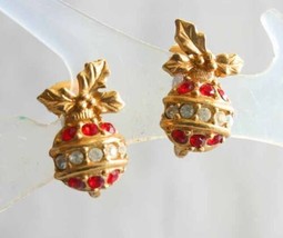 Festive Rhinestone Gold-tone Christmas Ornament Clip Earrings 1960s vint... - $12.95