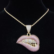 Men Women Hip Hop Bite Lip Shape Pendant Necklace with 13mm Crystal Chain Iced O - £36.01 GBP