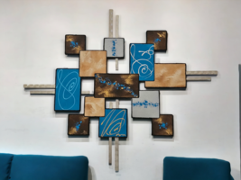 Large Lake Blue and Brown Square wood and Metal Wall Sculpture 60x50 by Art69 - £458.89 GBP