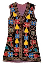 VTG 1970s Black Velvet Long Vest Colorful Applique Boho Hippie Superfly ... - $163.35