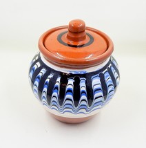 Redware Pottery Blue White Pulled Glazed Small Crock Ginger Jar - £19.97 GBP
