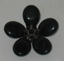 Vtg Gorgeous Black Acrylic w/Rhinestone Center Flower Brooch Pin Costume Jewelry - £22.94 GBP