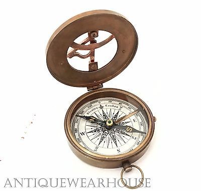 solid brass working pocket compass with leather case vintage navigation compass - $14.69