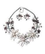 Stick Silver Pearl Triple Flower Vine Jewelry Set - £48.72 GBP