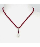 925 Silver Pendant Burma Ruby Faux Pearl Red Cord Rope Necklace 17&quot; Vale... - £64.95 GBP